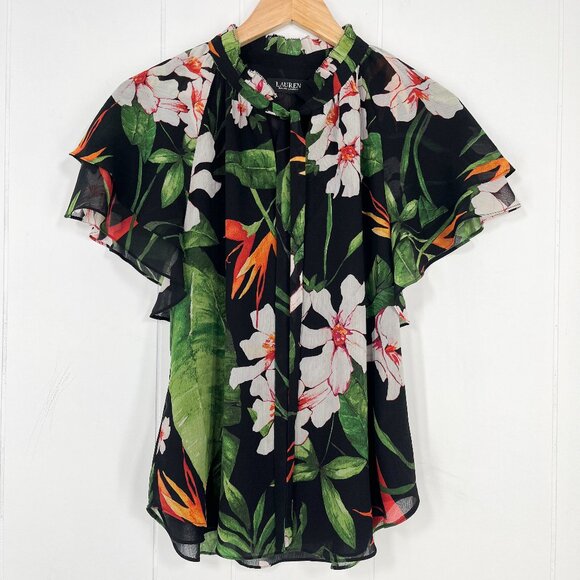 Lauren Ralph Lauren Flutter Sleeve Blouse Floral Tropical Tie Neck Size Medium - Picture 1 of 15